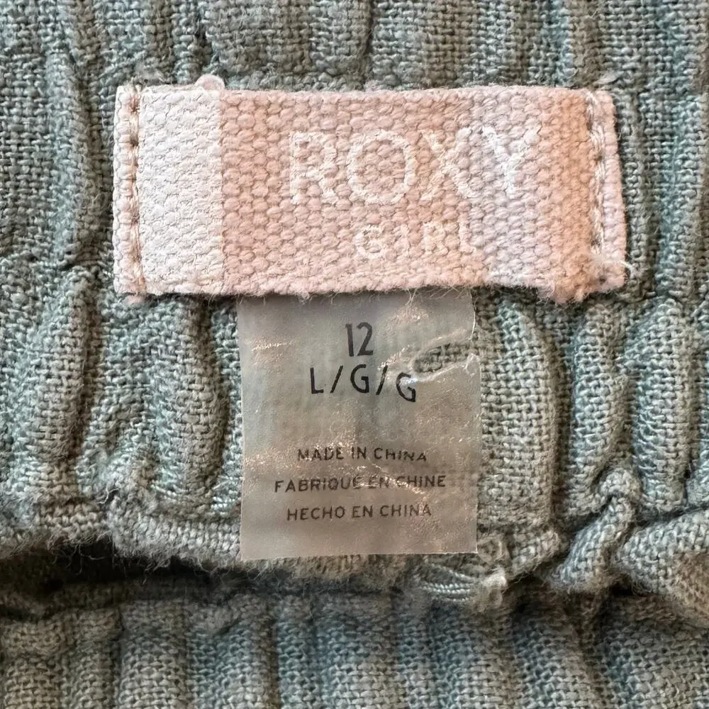 Roxy Girl Olive Green Linen Drawstring Shorts Size 12 Large Beach Coastal